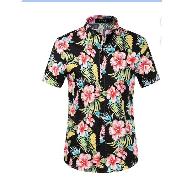 SSLR Hawaiian Shirt Tropical Hibiscus Palm Leaves Floral Black Men’s XL - Picture 1 of 8